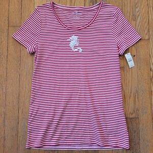 Talbots M Tee Red‎ White Stripe Beaded Seahorse Cotton Coastal Preppy Nautical
